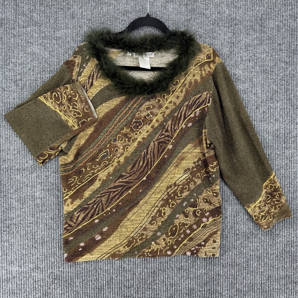 Vintage Nancy Bolen faux fur collar blouse going out top earthy womens XL Y2K